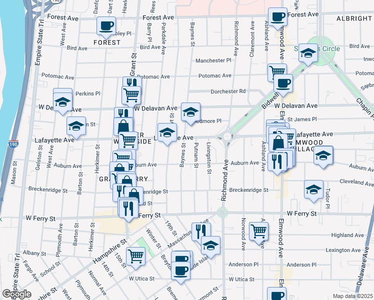 map of restaurants, bars, coffee shops, grocery stores, and more near 145 Baynes St in Buffalo