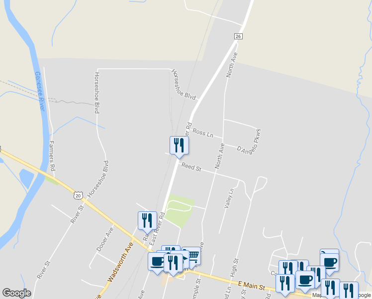 map of restaurants, bars, coffee shops, grocery stores, and more near 242 Rochester Street in Avon