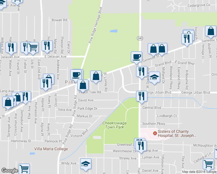 map of restaurants, bars, coffee shops, grocery stores, and more near 15 Loxley Road in Buffalo