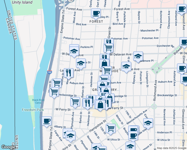 map of restaurants, bars, coffee shops, grocery stores, and more near 245 Herkimer Street in Buffalo