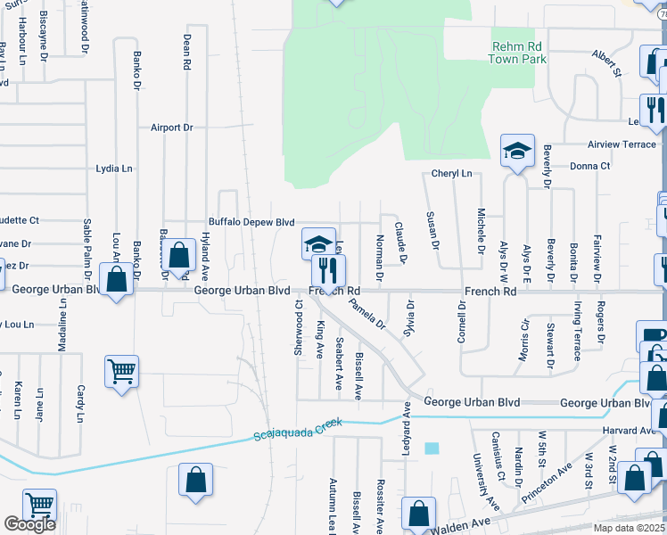 map of restaurants, bars, coffee shops, grocery stores, and more near 19 Lewan Drive in Depew