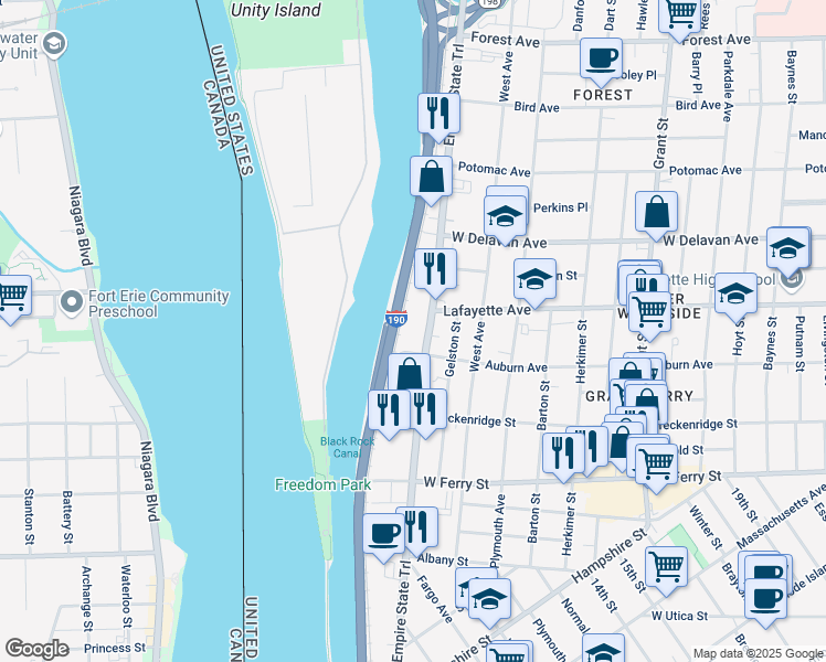 map of restaurants, bars, coffee shops, grocery stores, and more near Interstate 190 in Buffalo