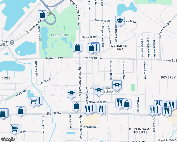 map of restaurants, bars, coffee shops, grocery stores, and more near 2466 Forest Grove Ave SW in Wyoming