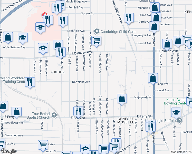map of restaurants, bars, coffee shops, grocery stores, and more near 177 Wyoming Ave in Buffalo