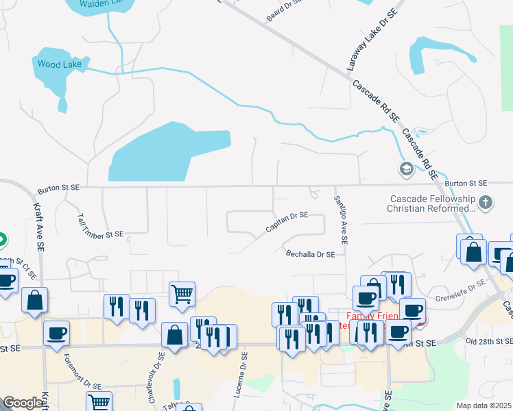 map of restaurants, bars, coffee shops, grocery stores, and more near 6159 Del Cano Drive Southeast in Grand Rapids