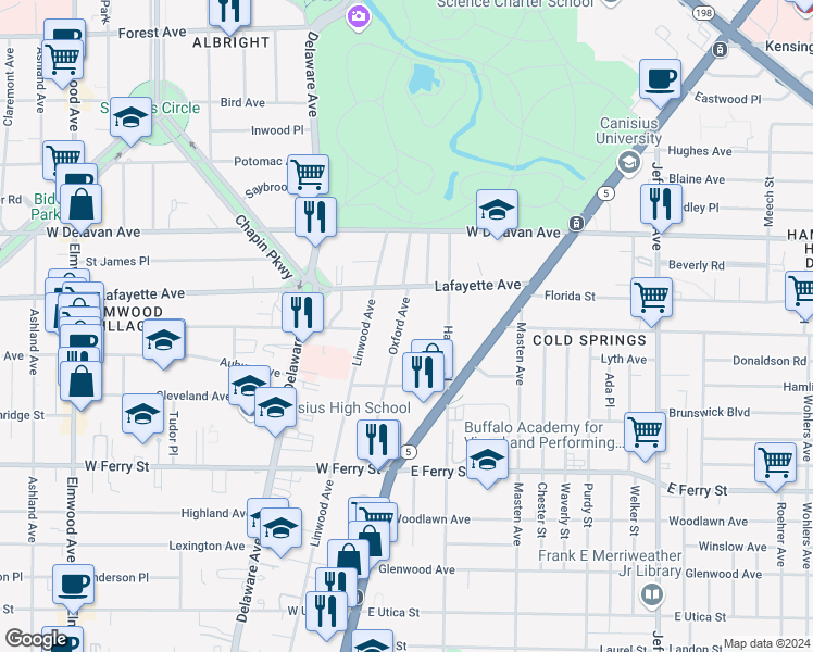 map of restaurants, bars, coffee shops, grocery stores, and more near 153 Oxford Avenue in Buffalo