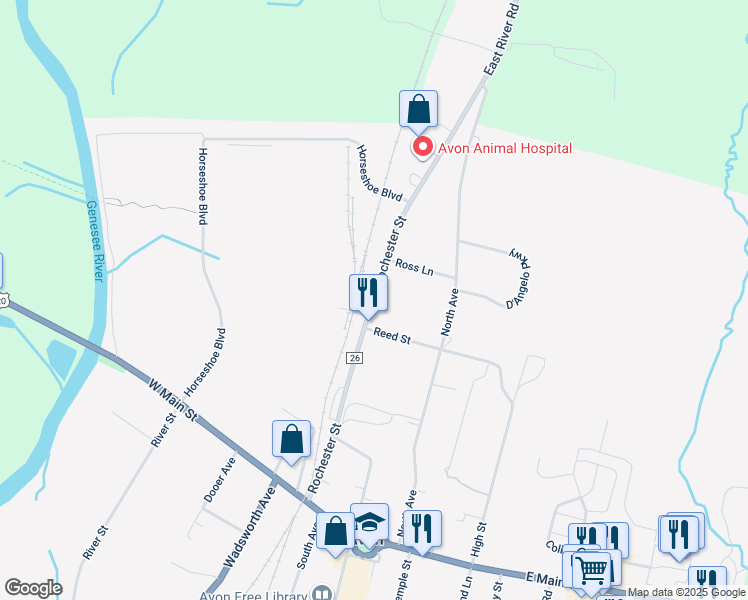 map of restaurants, bars, coffee shops, grocery stores, and more near 242 Rochester Street in Avon