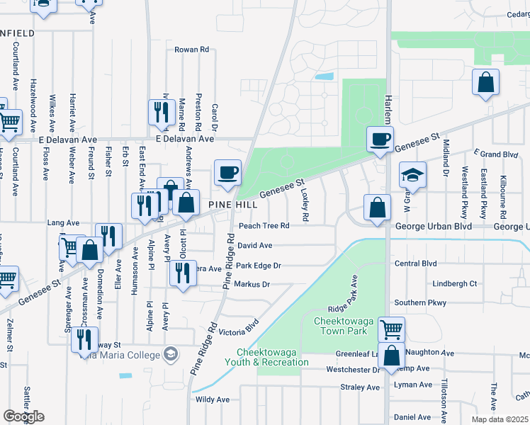 map of restaurants, bars, coffee shops, grocery stores, and more near 14 Rowland Avenue in Buffalo