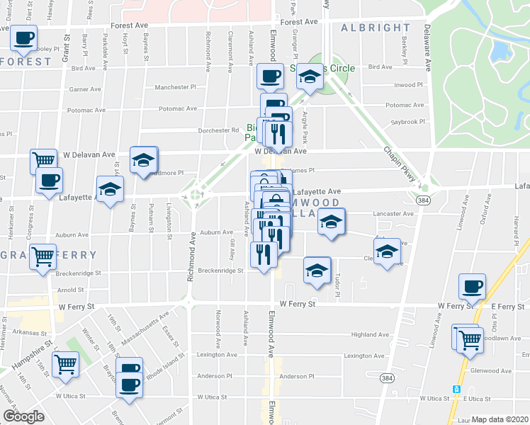 map of restaurants, bars, coffee shops, grocery stores, and more near 818 Elmwood Avenue in Buffalo