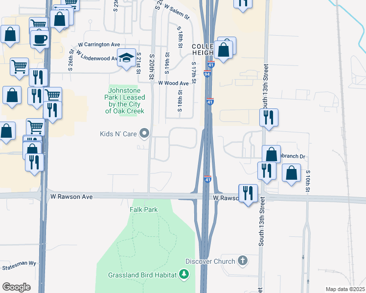 map of restaurants, bars, coffee shops, grocery stores, and more near 1825 West Timberridge Lane in Oak Creek