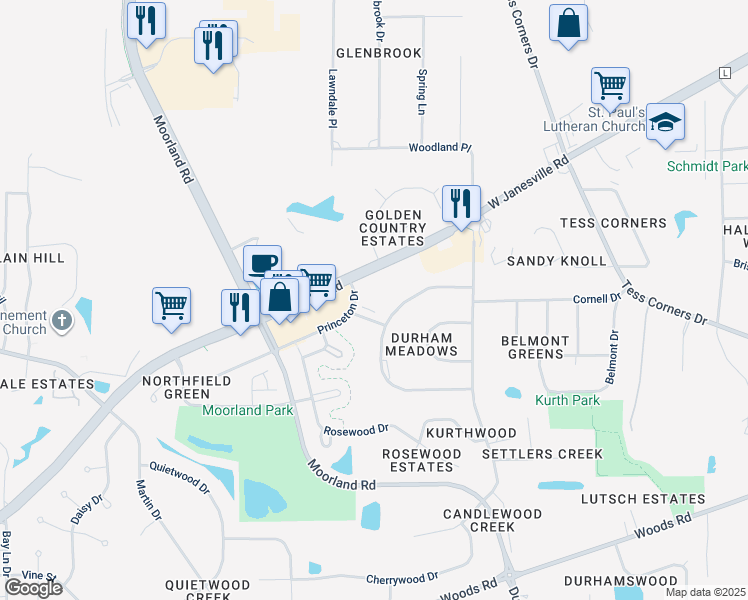 map of restaurants, bars, coffee shops, grocery stores, and more near Princeton Dr in Muskego