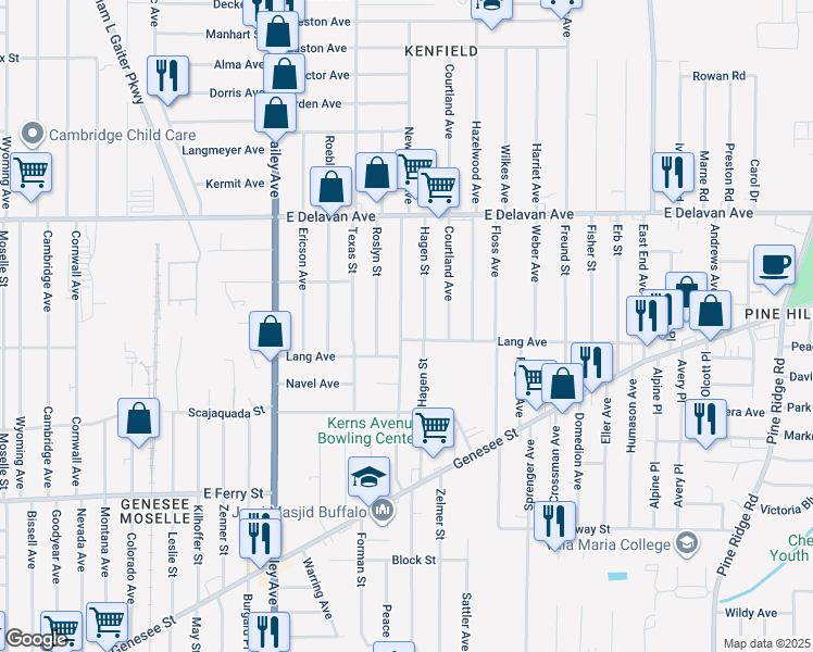 map of restaurants, bars, coffee shops, grocery stores, and more near 175 Newburgh Avenue in Buffalo