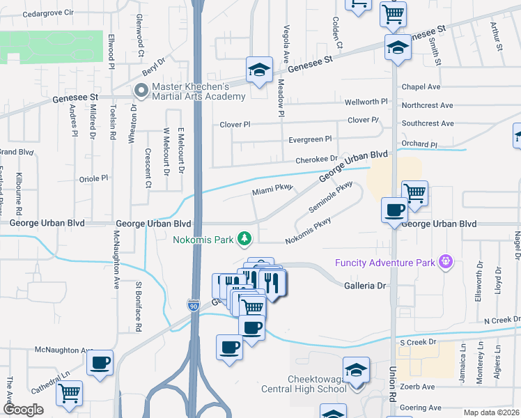 map of restaurants, bars, coffee shops, grocery stores, and more near 814 George Urban Boulevard in Cheektowaga