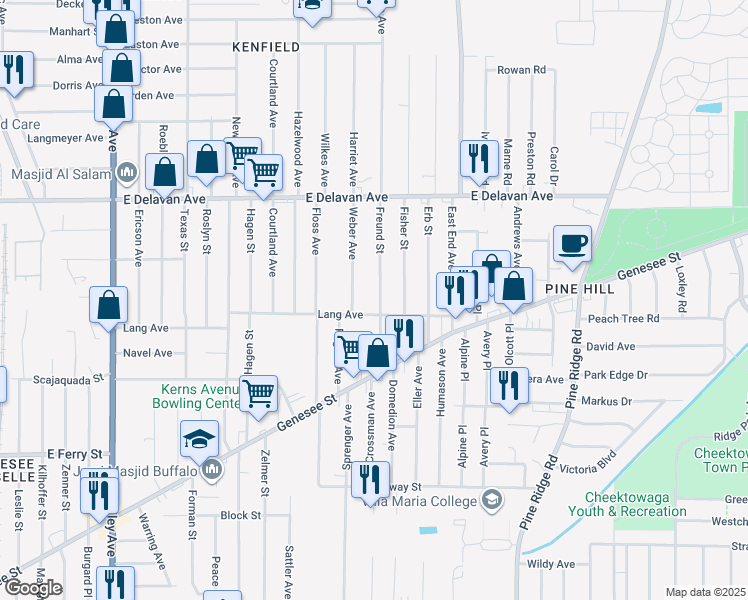 map of restaurants, bars, coffee shops, grocery stores, and more near 82 Freund Street in Buffalo