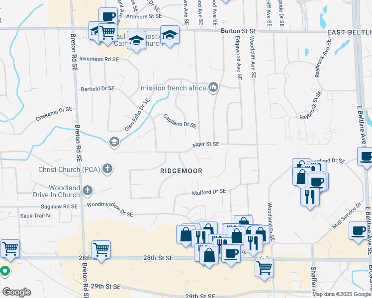 map of restaurants, bars, coffee shops, grocery stores, and more near 2755 Alger Street Southeast in Grand Rapids