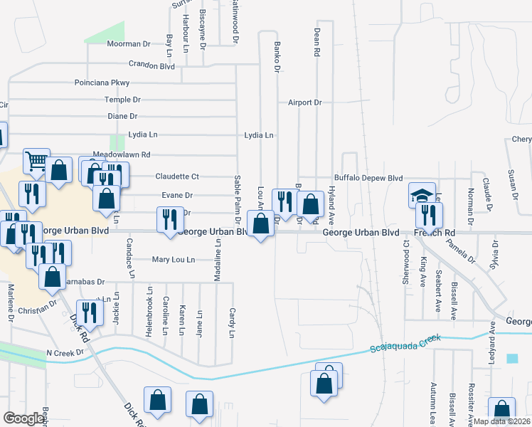 map of restaurants, bars, coffee shops, grocery stores, and more near 19 Lou Ann Drive in Depew