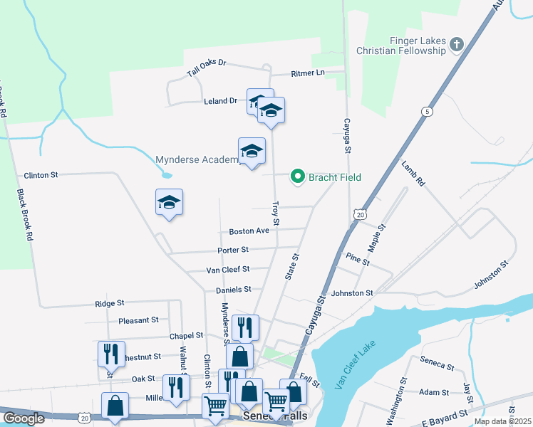 map of restaurants, bars, coffee shops, grocery stores, and more near 79 Troy Street in Seneca Falls