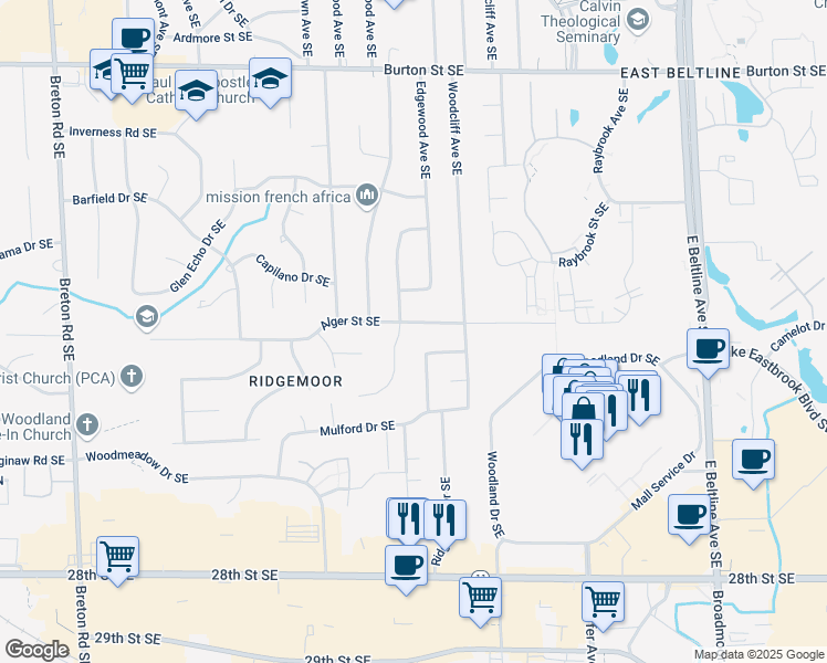 map of restaurants, bars, coffee shops, grocery stores, and more near 2946 Alger Street Southeast in Grand Rapids