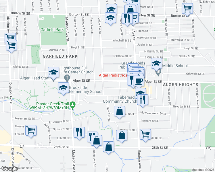 map of restaurants, bars, coffee shops, grocery stores, and more near 613 Broadview Street Southeast in Grand Rapids