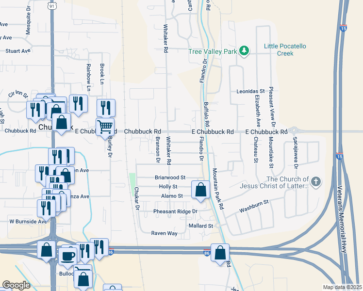 map of restaurants, bars, coffee shops, grocery stores, and more near 527 Albatross Drive in Pocatello