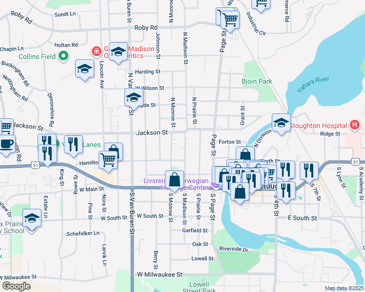map of restaurants, bars, coffee shops, grocery stores, and more near 134 North Madison Street in Stoughton