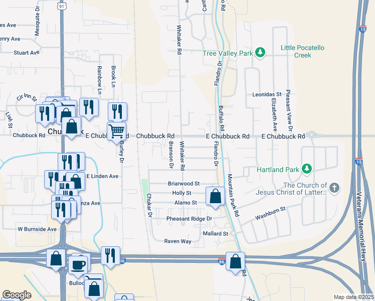 map of restaurants, bars, coffee shops, grocery stores, and more near 527 Albatross Drive in Pocatello