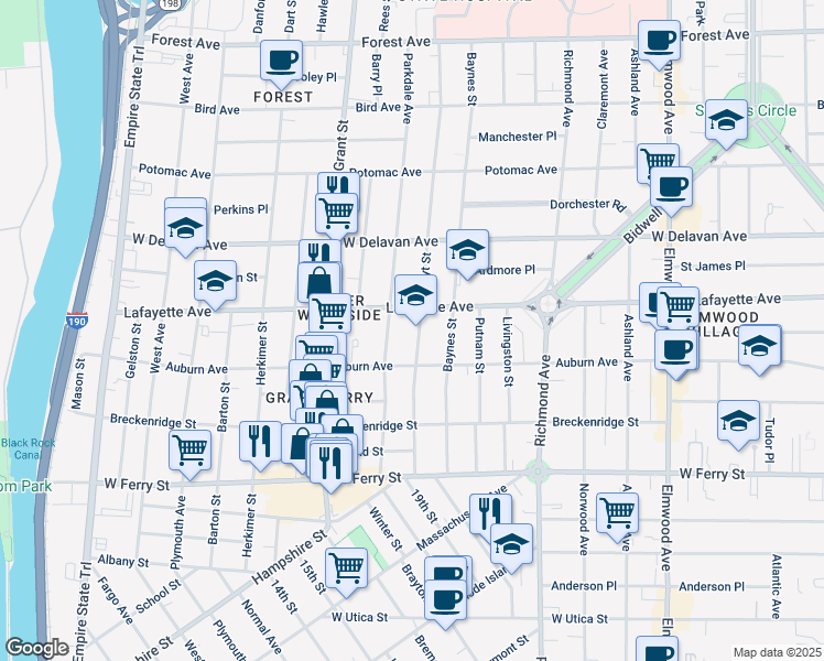 map of restaurants, bars, coffee shops, grocery stores, and more near 144 Hoyt Street in Buffalo