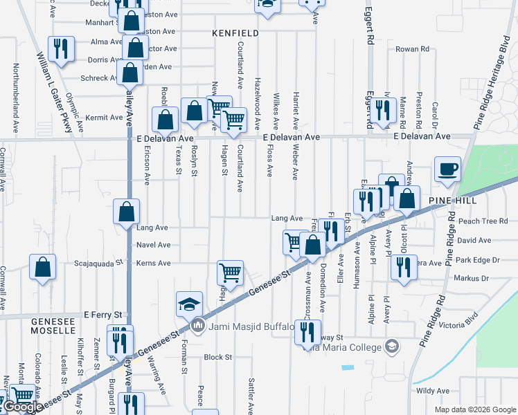 map of restaurants, bars, coffee shops, grocery stores, and more near 15 Hazelwood Avenue in Buffalo