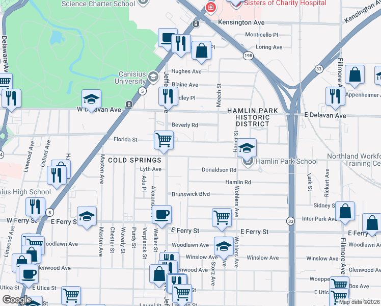 map of restaurants, bars, coffee shops, grocery stores, and more near 214 Northland Avenue in Buffalo