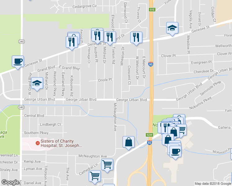 map of restaurants, bars, coffee shops, grocery stores, and more near 19 Toelsin Road in Buffalo