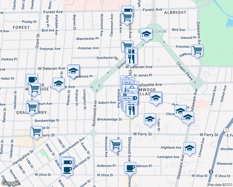 map of restaurants, bars, coffee shops, grocery stores, and more near 536 Ashland Avenue in Buffalo