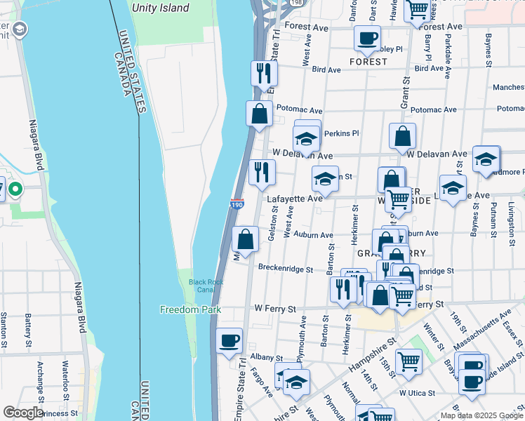 map of restaurants, bars, coffee shops, grocery stores, and more near 1303 Niagara St in Buffalo