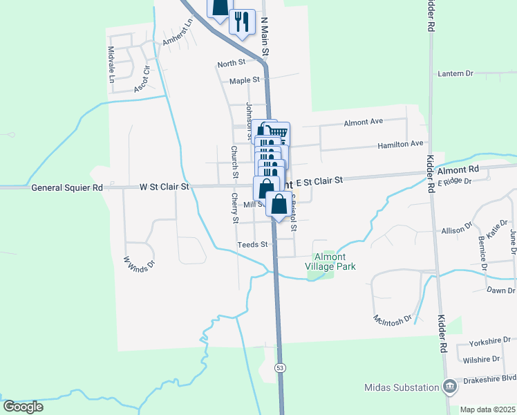 map of restaurants, bars, coffee shops, grocery stores, and more near 201 Branch Street in Almont