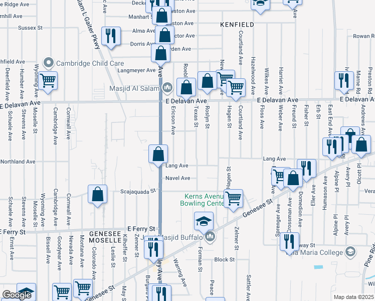 map of restaurants, bars, coffee shops, grocery stores, and more near 15 Roebling Avenue in Buffalo