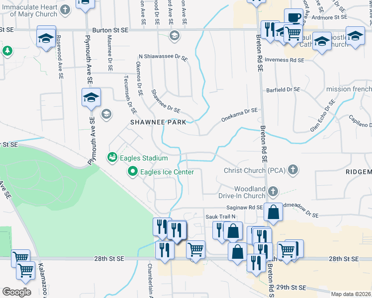 map of restaurants, bars, coffee shops, grocery stores, and more near 2426 Okemos Drive Southeast in Grand Rapids
