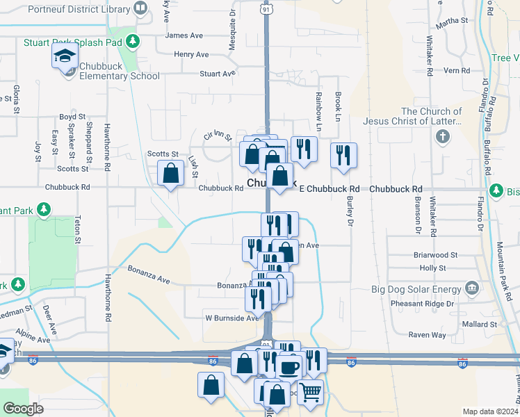 map of restaurants, bars, coffee shops, grocery stores, and more near 4727 Yellowstone Avenue in Chubbuck