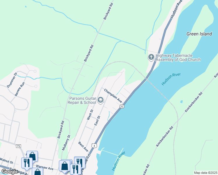 map of restaurants, bars, coffee shops, grocery stores, and more near 93 East Street in Mechanicville