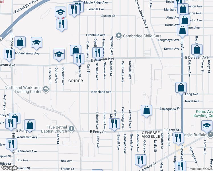 map of restaurants, bars, coffee shops, grocery stores, and more near 189 Stevens Avenue in Buffalo