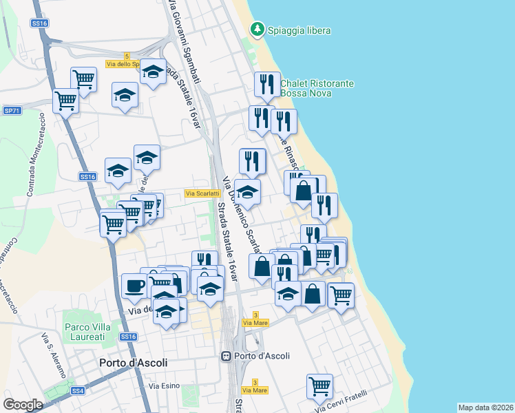 map of restaurants, bars, coffee shops, grocery stores, and more near 17 Via Niccolò Paganini in San Benedetto del Tronto