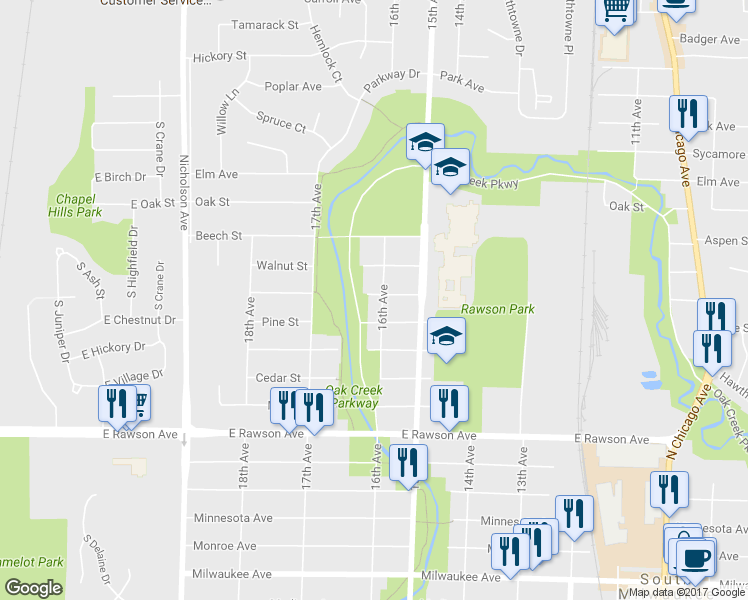 map of restaurants, bars, coffee shops, grocery stores, and more near 1100 16th Avenue in South Milwaukee