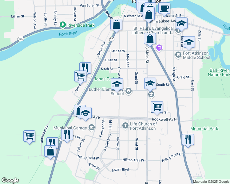 map of restaurants, bars, coffee shops, grocery stores, and more near 301 Park Street in Fort Atkinson