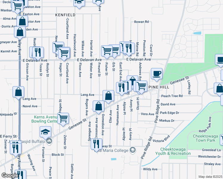 map of restaurants, bars, coffee shops, grocery stores, and more near 65 Fisher Street in Buffalo