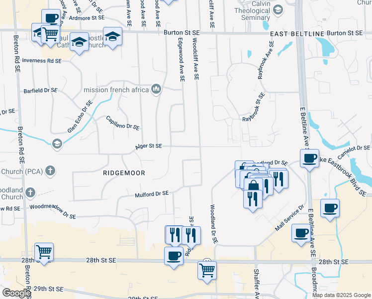 map of restaurants, bars, coffee shops, grocery stores, and more near 2946 Alger Street Southeast in Grand Rapids
