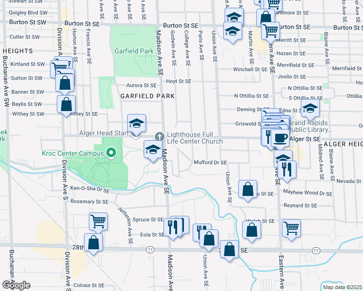 map of restaurants, bars, coffee shops, grocery stores, and more near 429 Mulford Dr SE in Grand Rapids