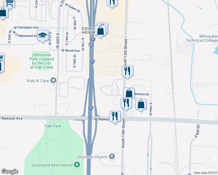 map of restaurants, bars, coffee shops, grocery stores, and more near 1411 West Redwing Lane in Oak Creek
