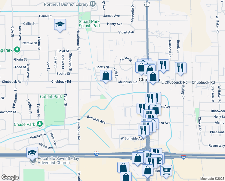 map of restaurants, bars, coffee shops, grocery stores, and more near 265 West Chubbuck Road in Pocatello