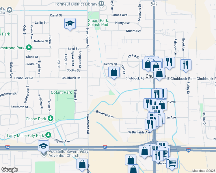 map of restaurants, bars, coffee shops, grocery stores, and more near 4754 Heidi Court in Pocatello