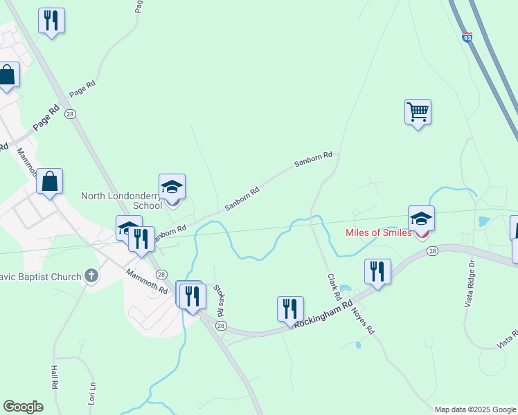 map of restaurants, bars, coffee shops, grocery stores, and more near 30 Sanborn Road in Londonderry