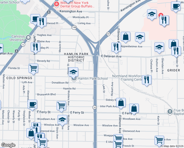 map of restaurants, bars, coffee shops, grocery stores, and more near 408 Northland Avenue in Buffalo