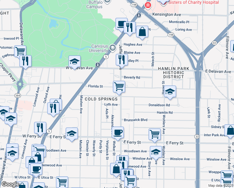 map of restaurants, bars, coffee shops, grocery stores, and more near 134 Northland Avenue in Buffalo